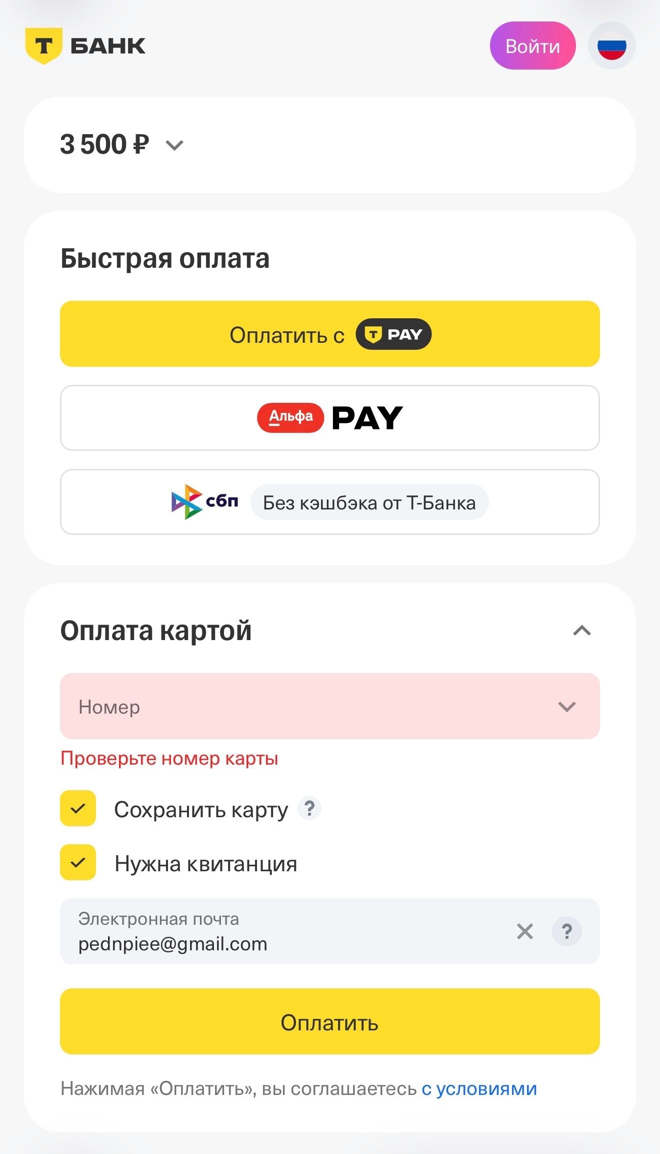 Экран оплаты с выбором способа: банковская карта и СБП.